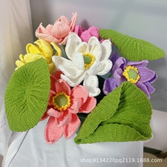 実際に手作りのかぎ針をたたいて本物の花のハスの花の花束の家庭のデスクトップの置物の永生の花を編んで完成品の卸売りを編みます。