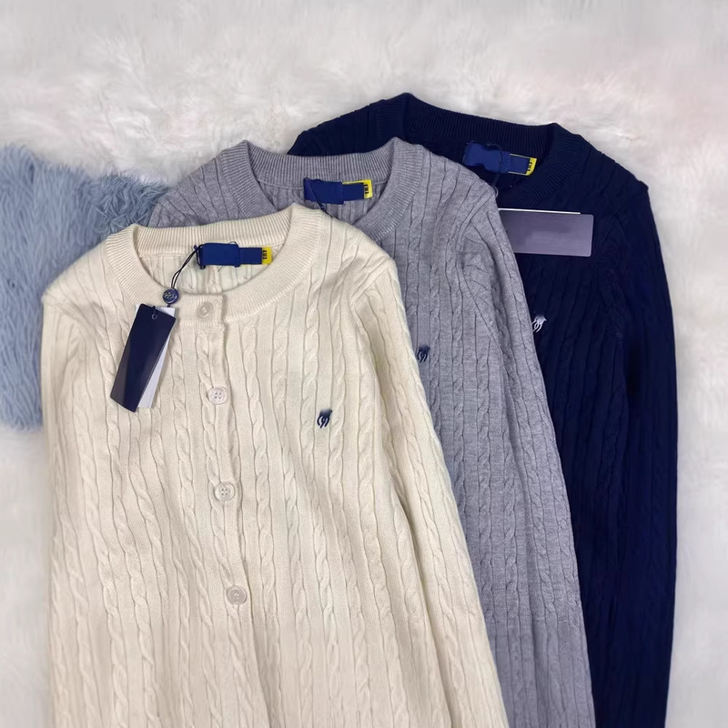 Rl Ralph Lauren Logo Knit Cardigan Thin Sweater with Qr Code, Round Neck, Cable Knit, Stylish Embroidered Sweater Cardigan for Women