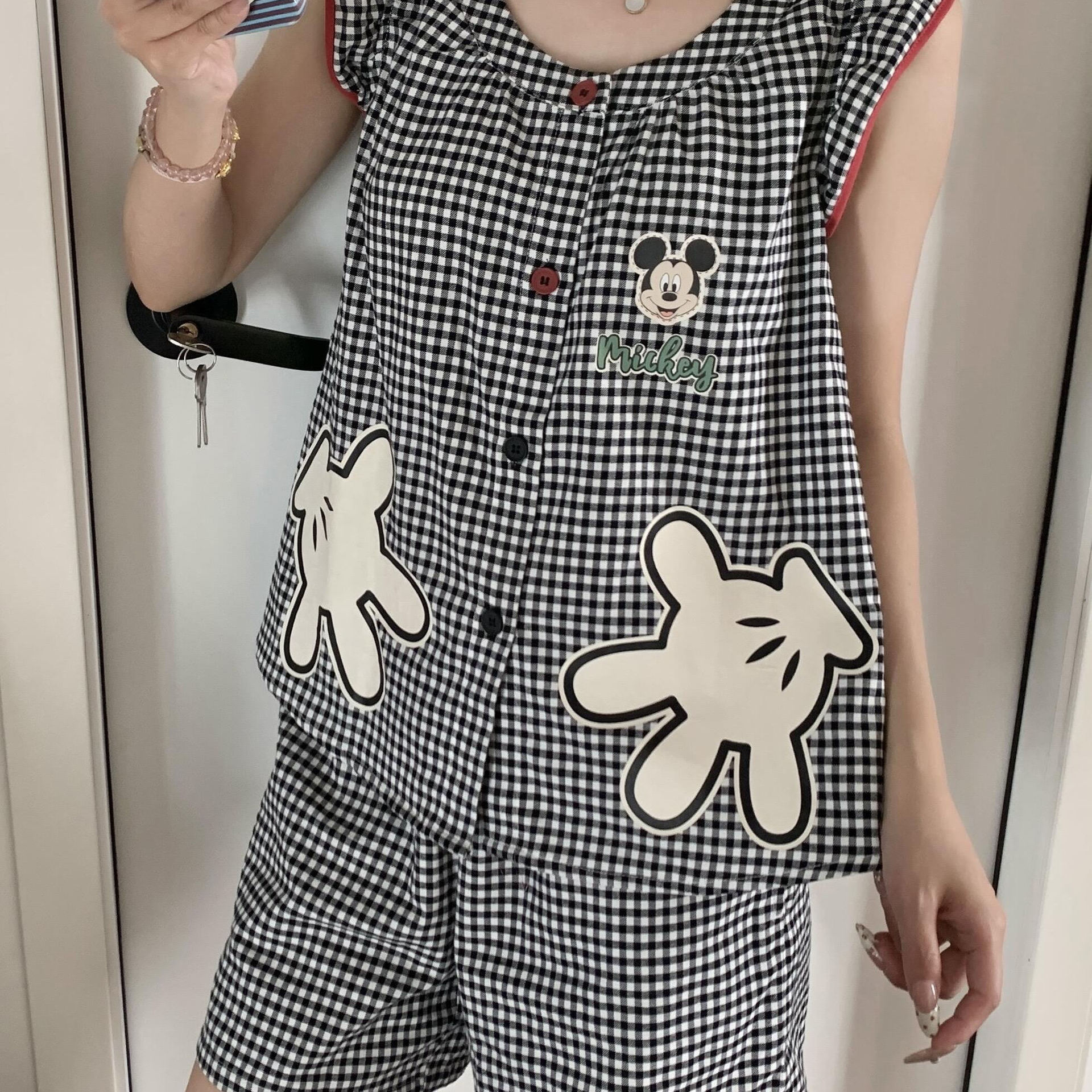 韓国版ミッキーチェック柄ノースリーブパジャマ女性用2025年夏新作女の子年齢軽減アウターウェア大きいサイズホームウェアセット