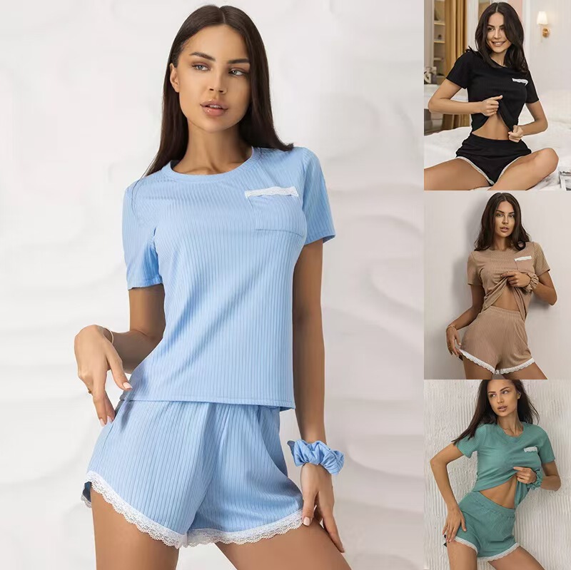Aliexpress Temu Export Summer Thin Lace Women's Slim T-Shirt Shorts Home Wear Pajamas Set