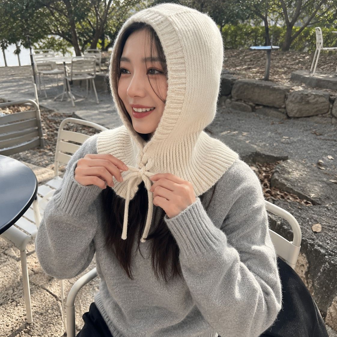 한국판 모자 목도리 일체형 니트 목보호대 바라클라파 모자 여성용 겨울 빈