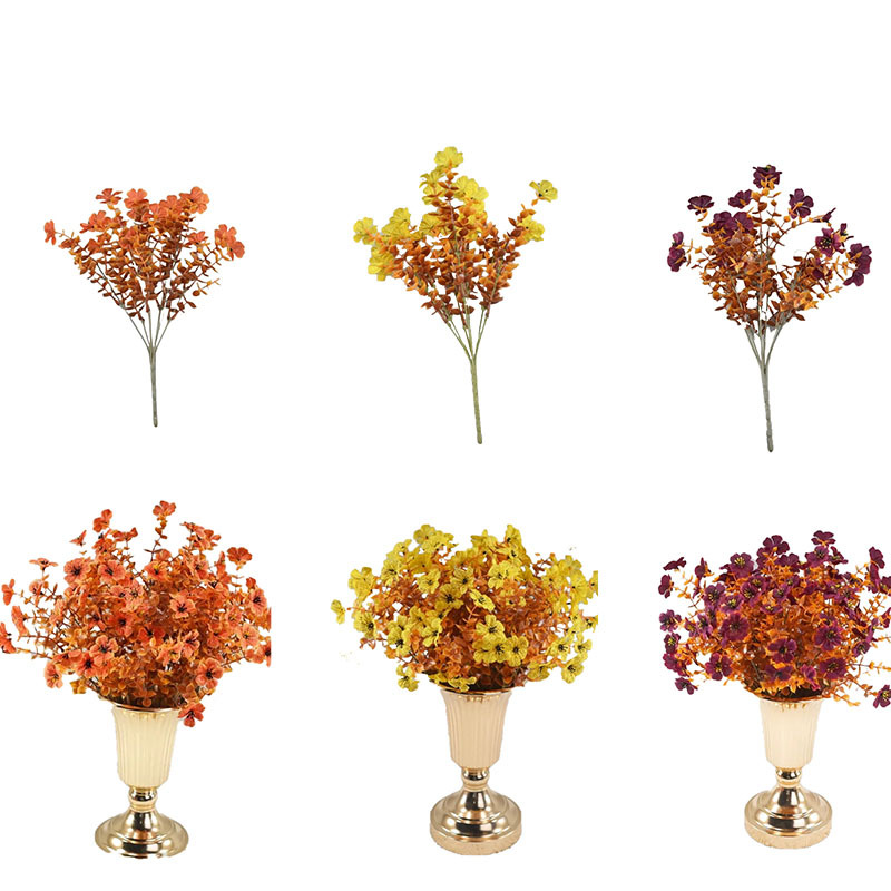 Amazon otoño flor artificial flor falsa artificial 7 tenedores eucalipto color otoñal violeta traje decoración flor decorativa