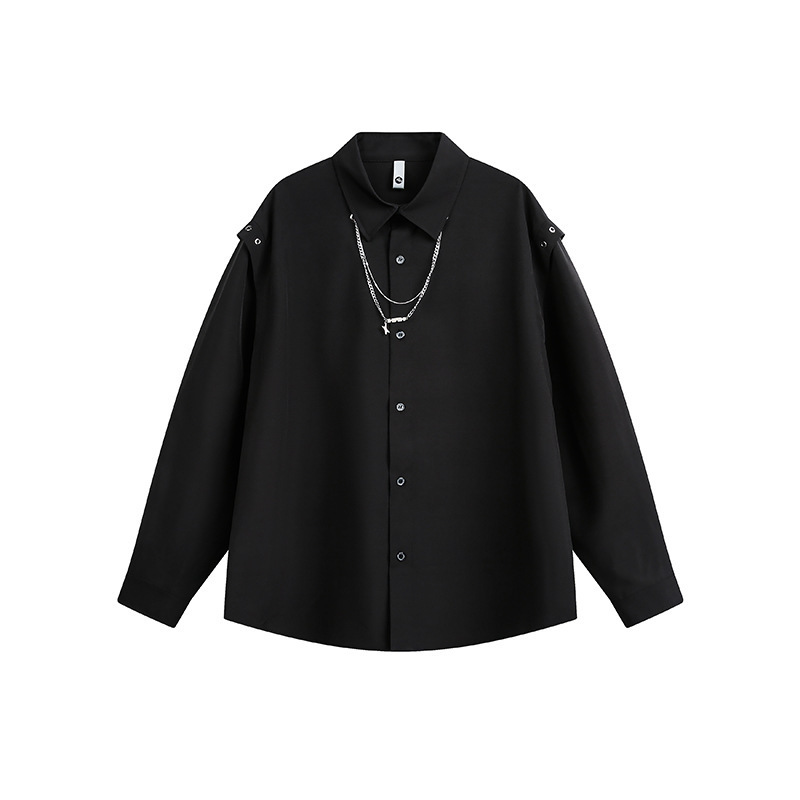 Trendy Solid Color Men's Shirt with Necklace, Loose Long-Sleeve Korean Style Unisex Dark Versatile Ins Shirt