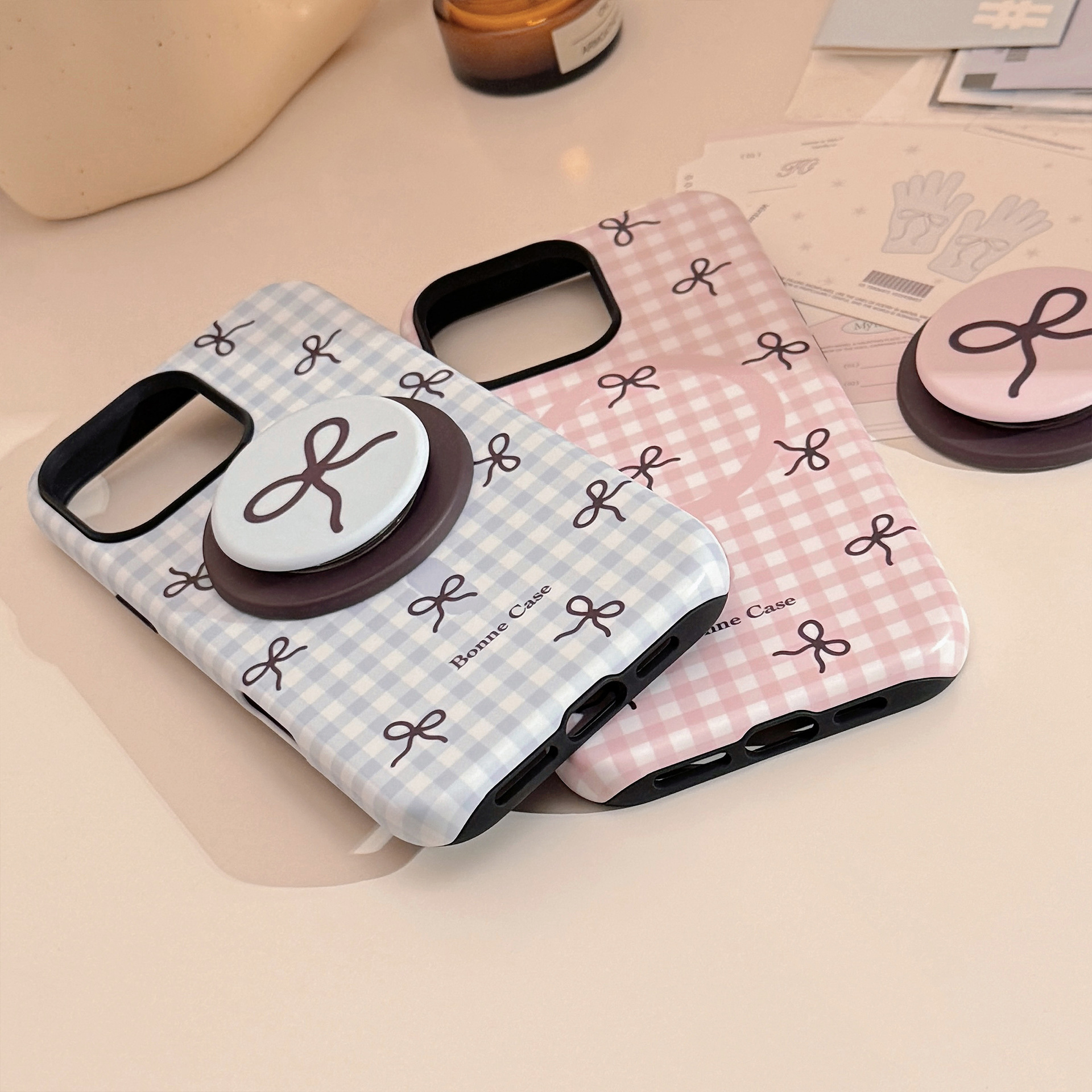 Magnetic Phone Case With Kickstand Plaid Bow Pattern For Iphone_voghion.com