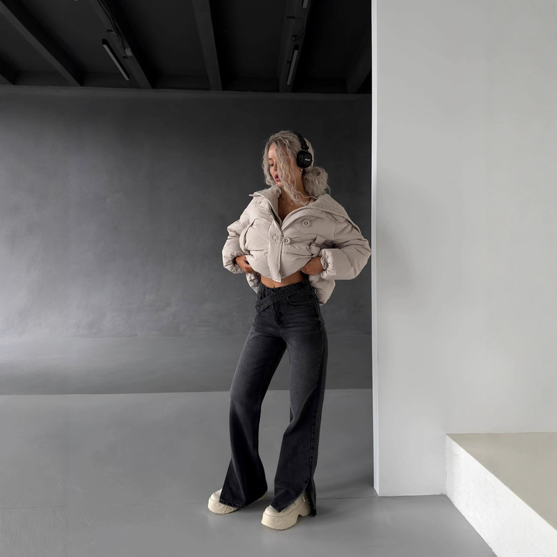 American Retro Style Hem Slit Design Sexy Jeans with Irregular Waist and Slim Fit Outer Trousers