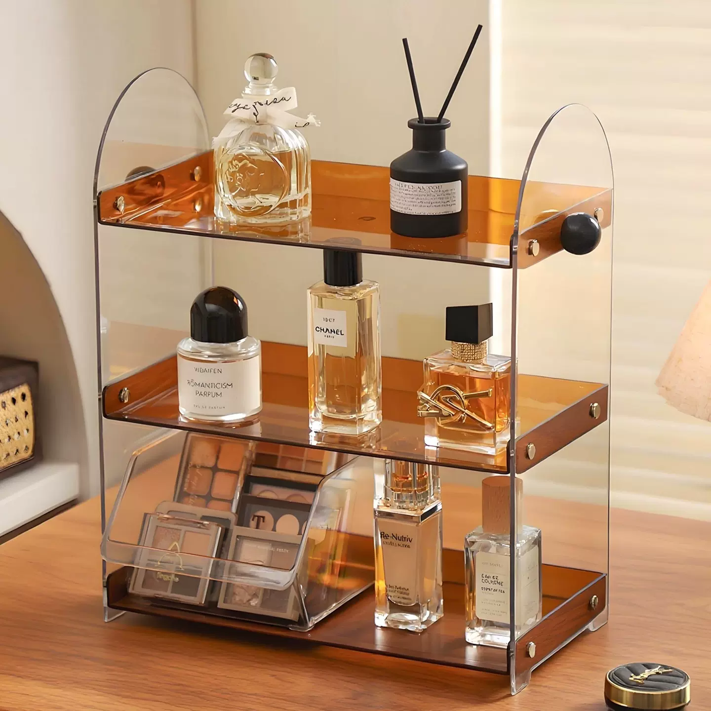 化妆品置物架梳妆台香水护肤品收纳盒桌面亚克力多层加高展示架子