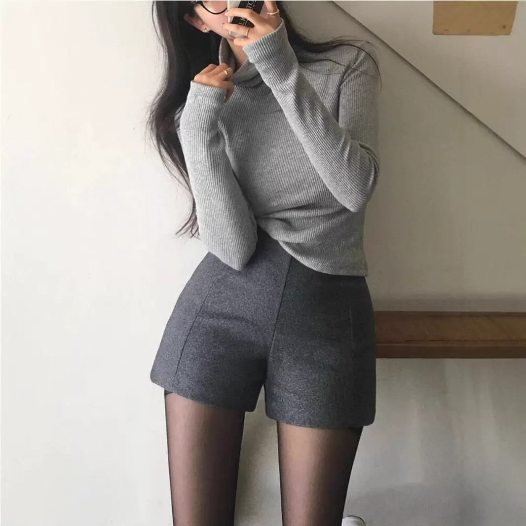 新款女毛呢阔腿裤秋冬外穿遮灰色靴裤a字短裤胯高腰显瘦简约2025
