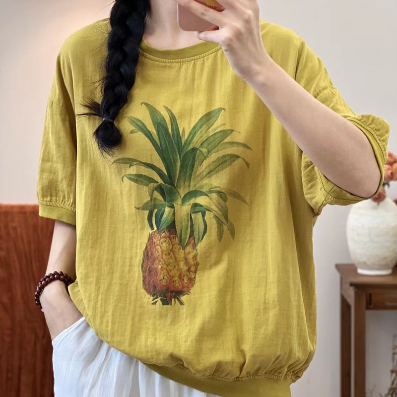 二重綿糸夏の新型レトロなプリントのゆるい丸首二重綿糸が痩せている半袖tシャツの上着の女性|undefined