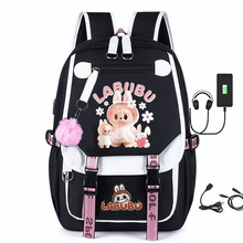 泡泡玛特拉布布周边印花双肩背包书包学生校园带毛球USB接口背包