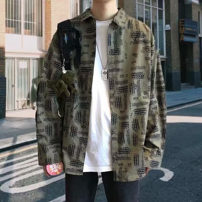 American Retro Men's Long-Sleeve Shirt Autumn Trendy Brand Ins Loose Shirt Hong Kong Style Handsome High-End Printed Jacket
