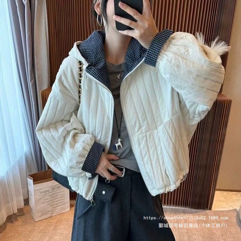 Plus-size Korean-style hooded plaid patchwork quilted cotton jacket for women, new autumn/winter loose-fit casual quilted cotton coat