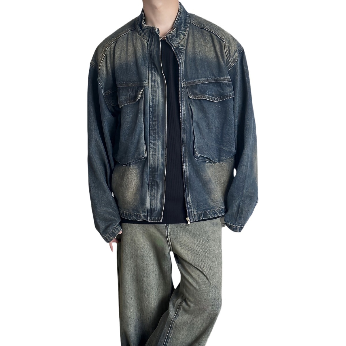 Otoño 2023 nostálgico azul retro flojo gran bolsillo del collar soporte Denim coat hombres casual zipper chaqueta de moda superior