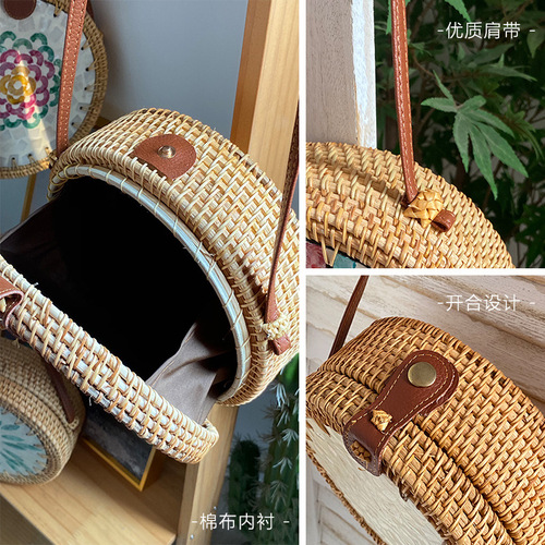 Wholesale Nordic rattan diagonal colorful shell forest basket retro literary hand-woven shoulder leather buckle bag