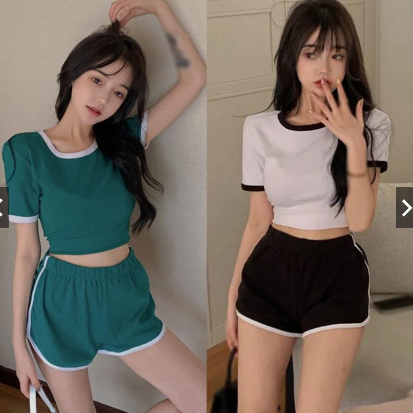 Traje de estilo deportivo para mujer Camiseta de color de contraste corto de verano Camiseta de manga corta de ombligo con pantalones cortos casuales traje de dos piezas