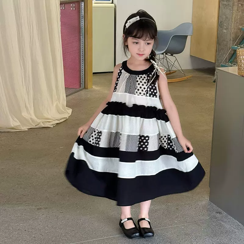 艾摩贝贝2025夏季公主童裙女童宝宝赫本风花边波点拼色挂脖连衣裙