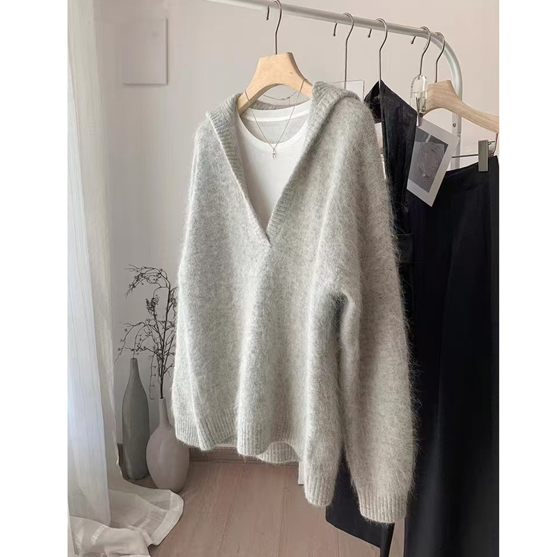 Highly Recommended! Relaxed Feel ~ Gray Alpaca Wool Fluffy Loose Lazy Style Large Collar V-Neck Sweater for Women Trendy