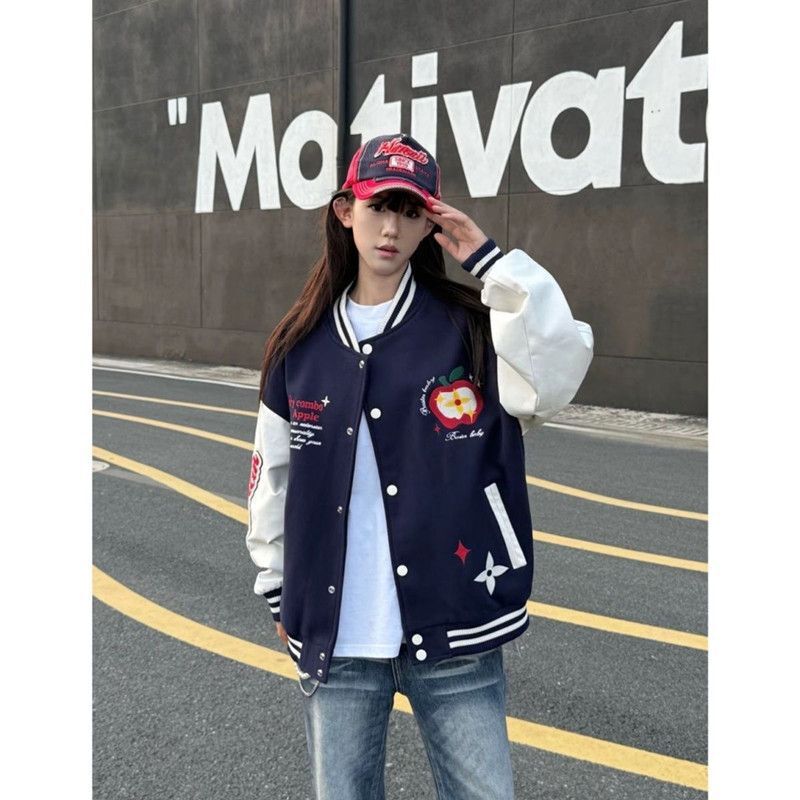 Apple color-blocked baseball jacket, American retro high street style, trendy Chinese brand, ins jacket, comfortable for both men and women to wear Apple color-blocked baseball jacket, American retro high street style, trendy Chinese brand, ins jacket, comfortable for both men and women to wear