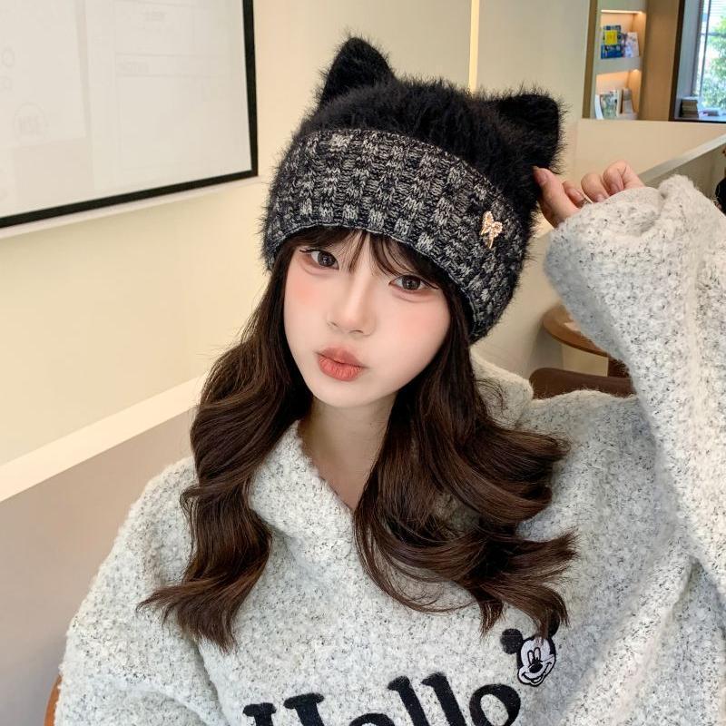 可爱猫耳朵毛线帽子女秋冬季新款加厚保暖户外防寒百搭针织帽批发|undefined