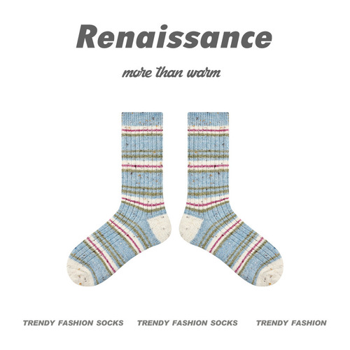 Renaissance Original Women's Socks: Korean-style Girlish Striped Mid-Calf Wool Socks – Winter Edition, Thick & Warm Alpaca Socks for Women