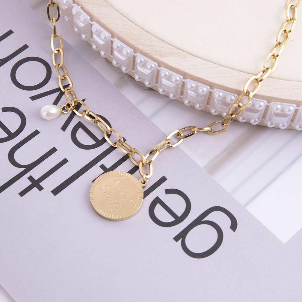 Titanium steel English round brand pearl necklace made of stainless steel, personalized versatile, fashionable and_voghion.com