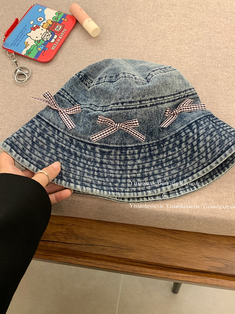 Japón retro arco vaquero sombrero pescador mujer dulce encantador versátil sombrero de bañera de protección solar grande alrededor de la cabeza muestra cara pequeña