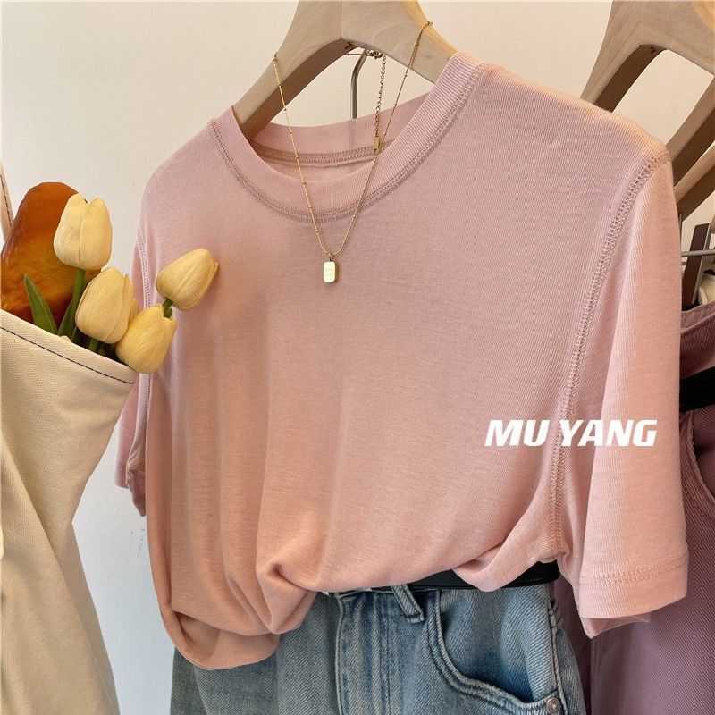 high quality Heavy Industry Solid Color Short-sleeved T-shirt Women's Summer Korean-style Flesh Covering Crewneck Pullover Base Design Foreign Style Top