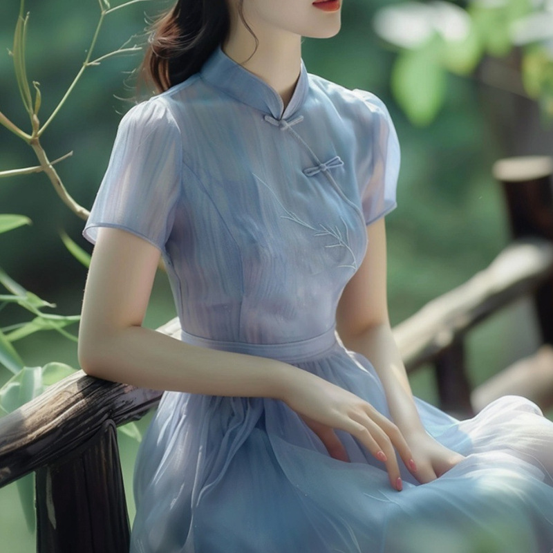 New Chinese-Style Light National Style Blue Faux Two-Piece Qipao Improved Version Dress 2026 Summer New Retro Elegant Long Dress