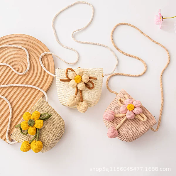 Summer Girl Children's Bag Cute Fashion Textile Bucket Bag Mini Straw Bag Fresh Beach Bag