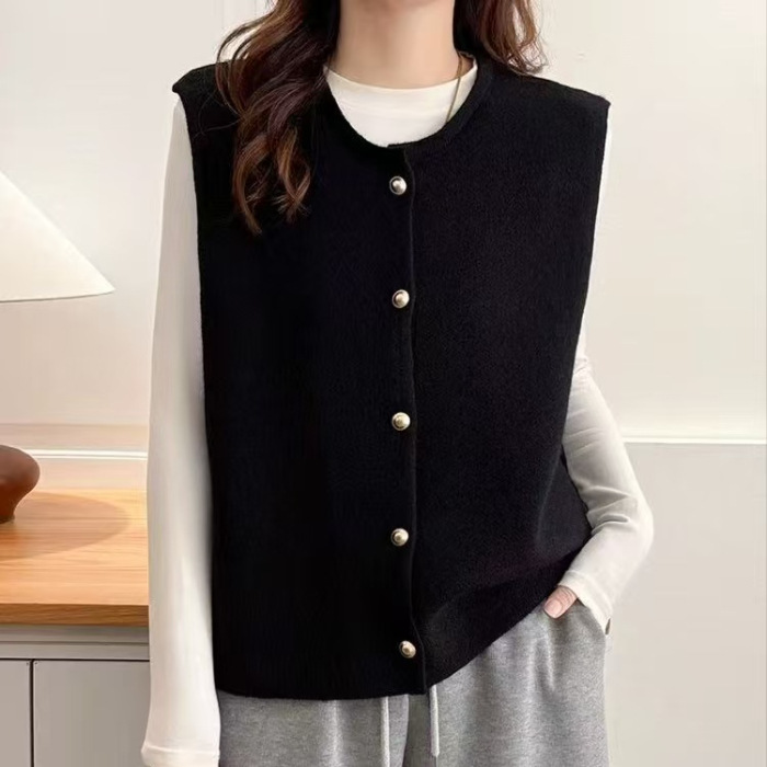 Botón de cordillera suave de cuello redondo nuevo estilo casual de una sola pieza de chaleco de mujer image 6