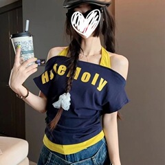 フェイクツーピースネットセレブおしゃれ服ストリートレディースホルターネックレタープリント半袖Tシャツ夏スリムトップ