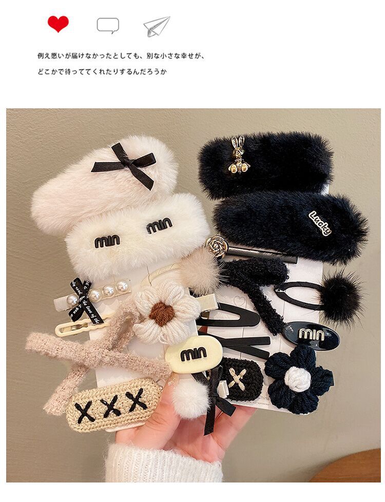 毛毛气质蝴蝶结针织发夹套装