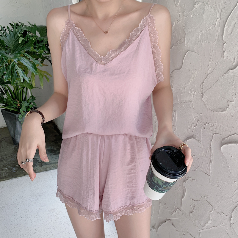 冰丝睡衣女夏季吊带薄款两件套海岛丝性感可爱学生蕾丝家居服套装|ms