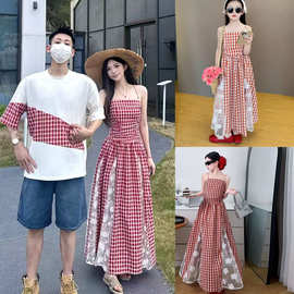 韩版夏季新款亲子装设计感蓝色格子吊带连衣裙女收腰显瘦气质长裙