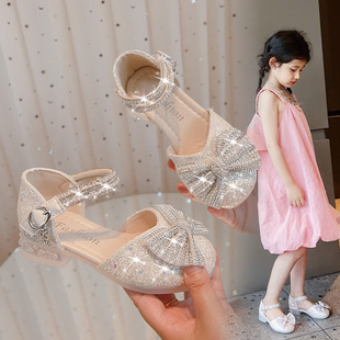 Girls' Sandals Spring Children's High Heels Soft Sole 2025 New Aisha Shoes Summer Girl's Anti-Slip Bottom Crystal Shoes