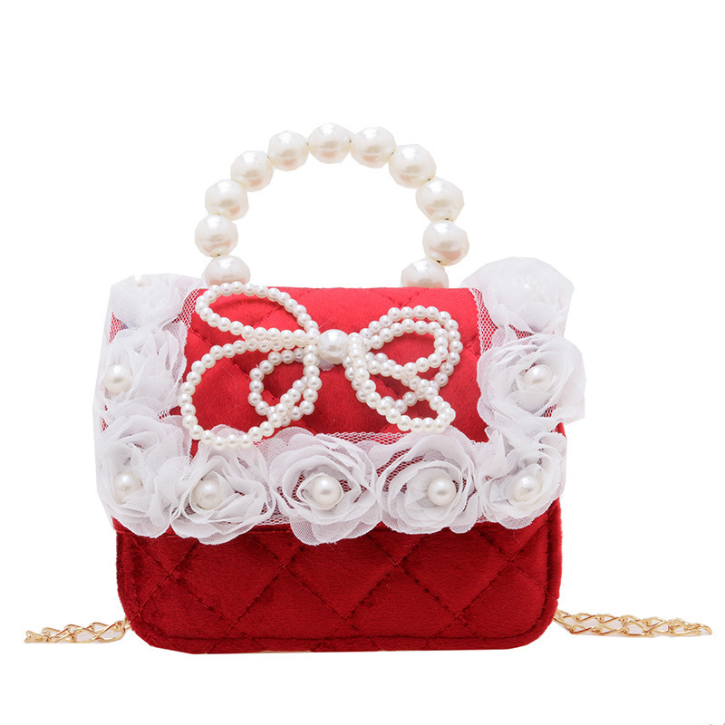 Otoño y invierno nuevo bolso de princesa infantil bolso pequeño cuadrado rojo de chicas cadena de hombro mochila de perlas bolso de cambio