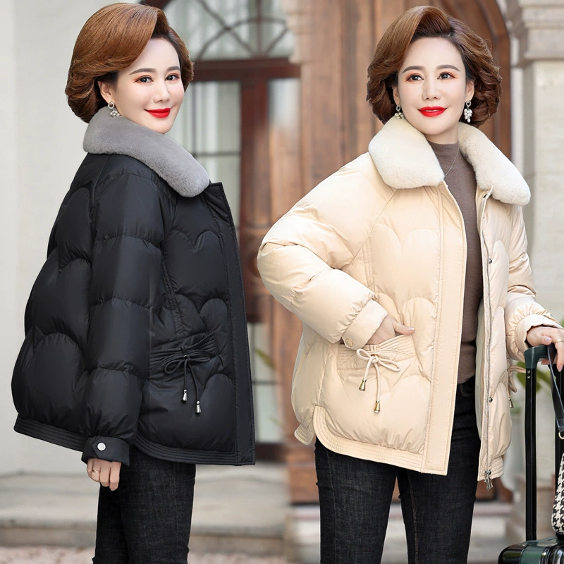 2024 зима новая мама утка пуховик женский средний и пожилой рекс кролик шерстяной воротник короткая толстая теплая куртка