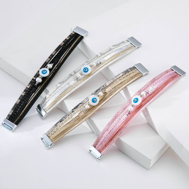 Bohemian multi-layer woven devilu0027s eye pearl leather bracelet