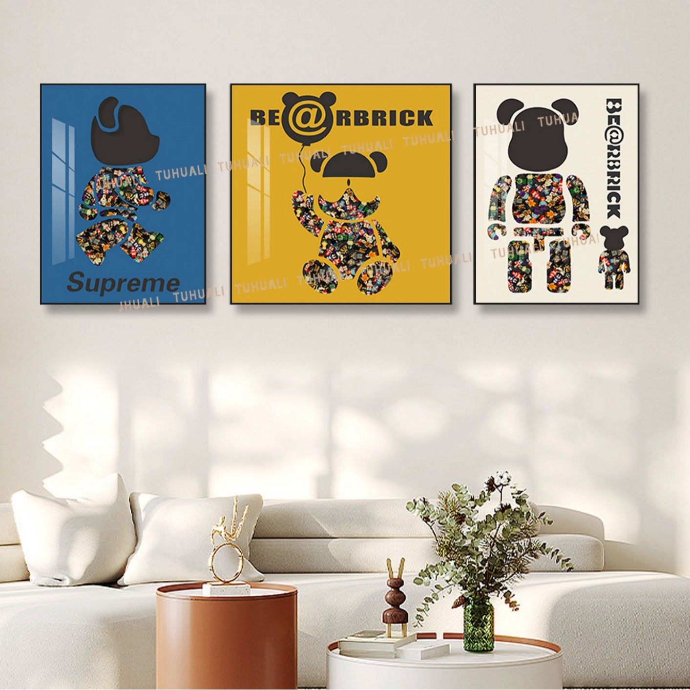 Bloques de construcción de Lego pintura real sala de estar triple pintura decorativa sofá fondo de pared explosivo oso dormitorio niños dibujos animados colgando pintura