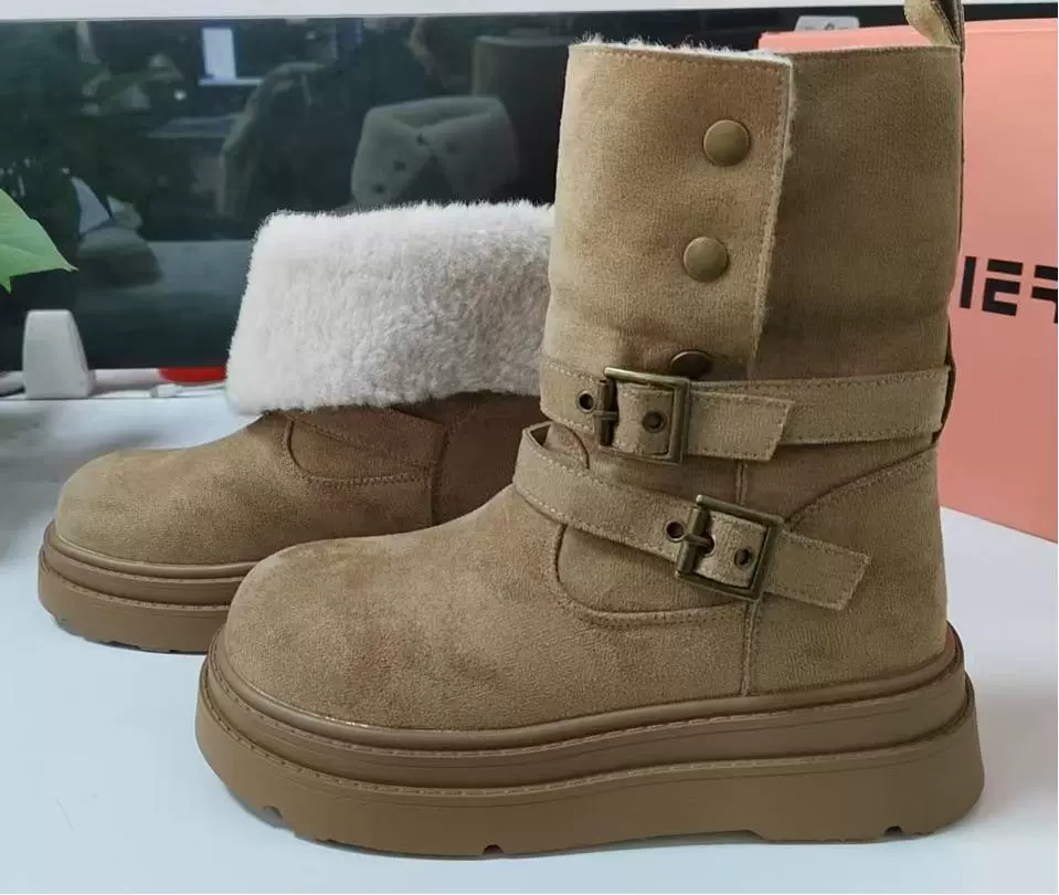 蓓尔 Velvet thick-soled snow boots for women, mid-calf 2025 winter style, warm and thickened, layered Ancola red shoes for women