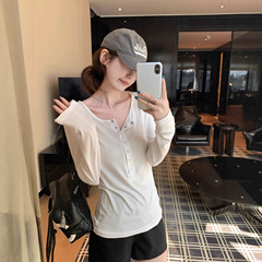 韩系半扣设计纯色修身长袖T恤女2025秋季新款气质显瘦百搭打底衫