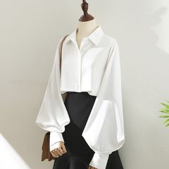气质职业白色翻领衬衫女2025春款灯笼袖百搭通勤设计感洋气衬衣