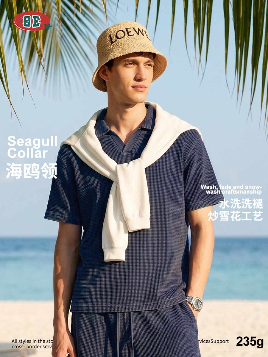 Be Hombres| Verano marca de moda retro lavado hacer camiseta suelta transpirable waffle textura polo hombre mangas cortas