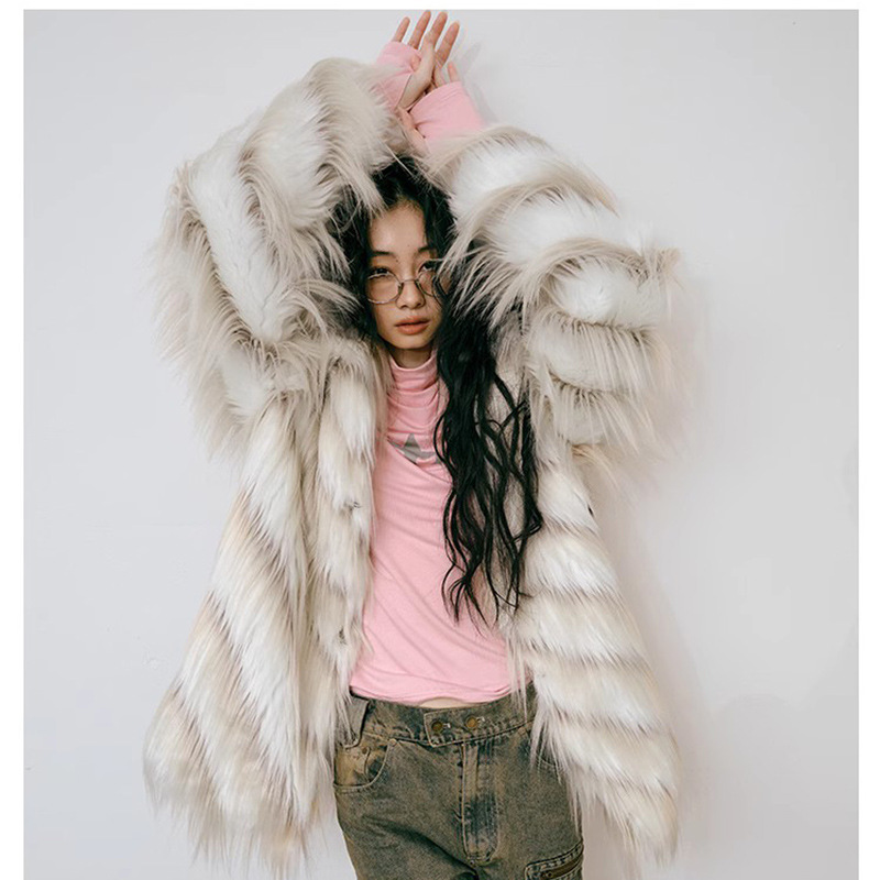 Women's Clothing Women's Fur Coat Retro Mixed Color Tassel Long Fur Fox Fur Coat Female Hot Girls Autumn and Winter Thick Loose Top_voghion.com