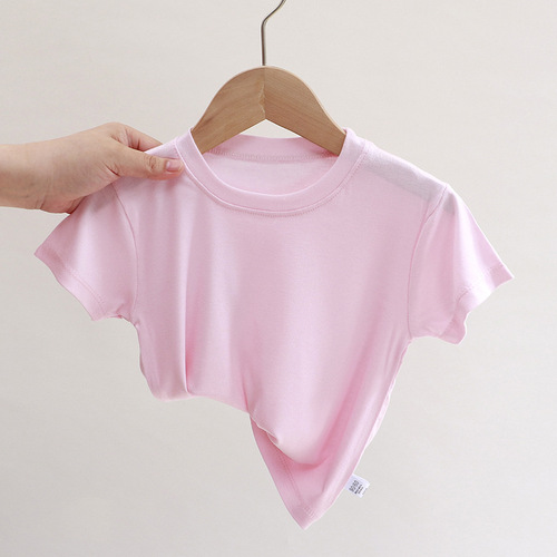 New Arrival Kids' T-Shirts: Summer Girls' Short-Sleeve Tops & Boys' Shirts—Breathable, Sweat-Absorbent, Korean-Style Solid Colors for Casual Kids' Wear—Wholesale