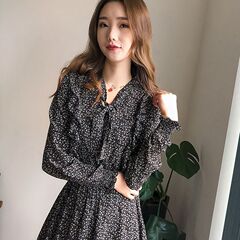 韩版连衣裙长袖女装秋冬文艺法式修身碎花风打底显瘦早春
