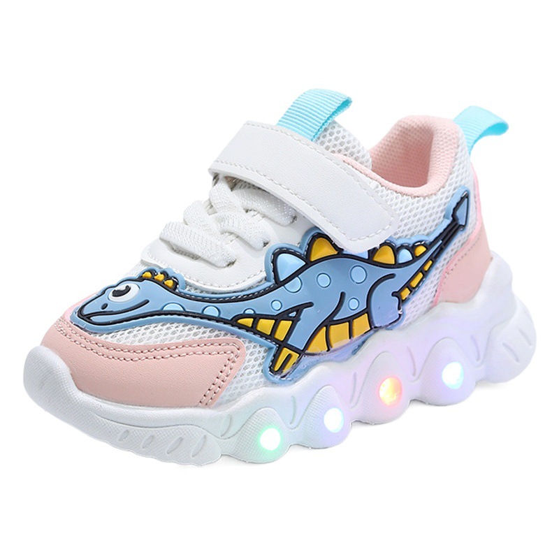 2023 primavera nuevos niños de dibujos animados dinosaurio zapatillas niñas malla transpirable zapatos medianos y pequeños niños zapatos ligeros de bebé