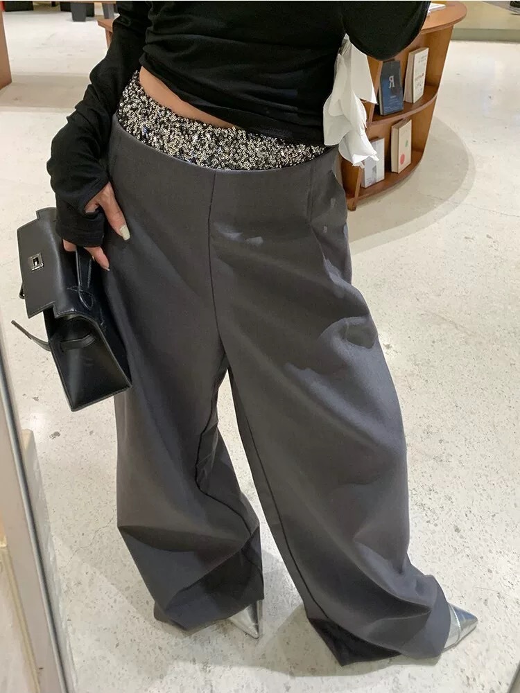 Pantalones de traje de lentejuelas de cintura alta para mujer, diseño de primavera 2024, pantalones largos con un toque de alta gama, aptos para mujeres pequeñas, pantalones de pierna ancha que realzan la altura image 1