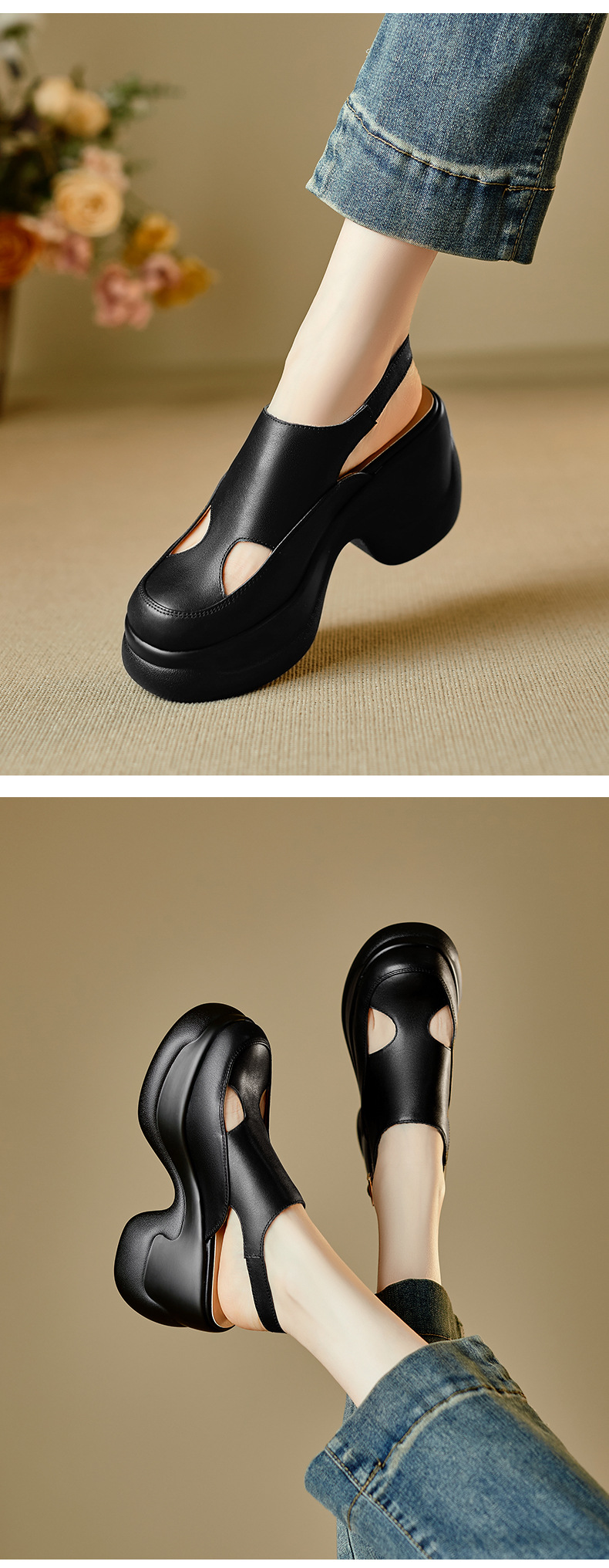 Sandal nữ cao gót đế xuồng platform mũi kín phong cách La Mã, gót 9.5 cm — màu đen, màu trắng chi tiết 6