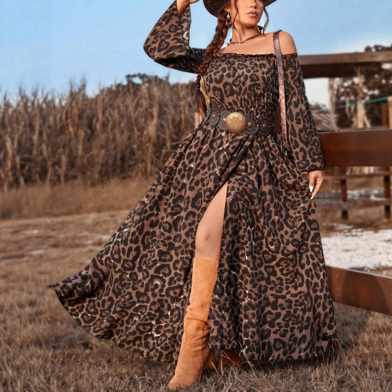 Leopard Print A-Line Dress with Tie-Front, Ruffled Hem, High Slit, Casual Dress, Beach Dress, Sundress, Cross-Border