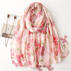 Spring, summer, elegant, aristocratic Chinese style simple but elegant pink flowers cotton and linen scarf voile thin silk scarves shawls female
